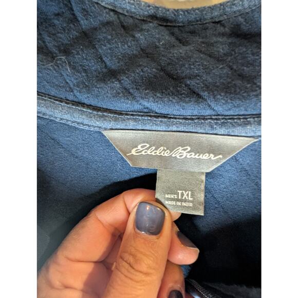 Eddie Bauer Quilted Quarter Zip Pullover Blue Cotton Fleece Lined Mens TXL - Picture 2 of 5